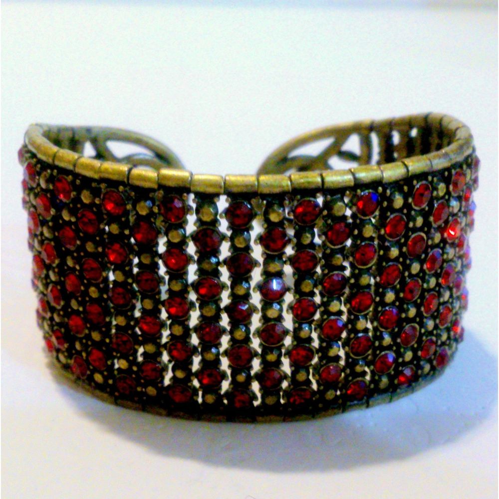 Bohemian Red Rhinestone Brass Tone Wired Cuff Bracelet